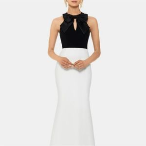 Xscape Black and White Halter Dress Bow Detail
